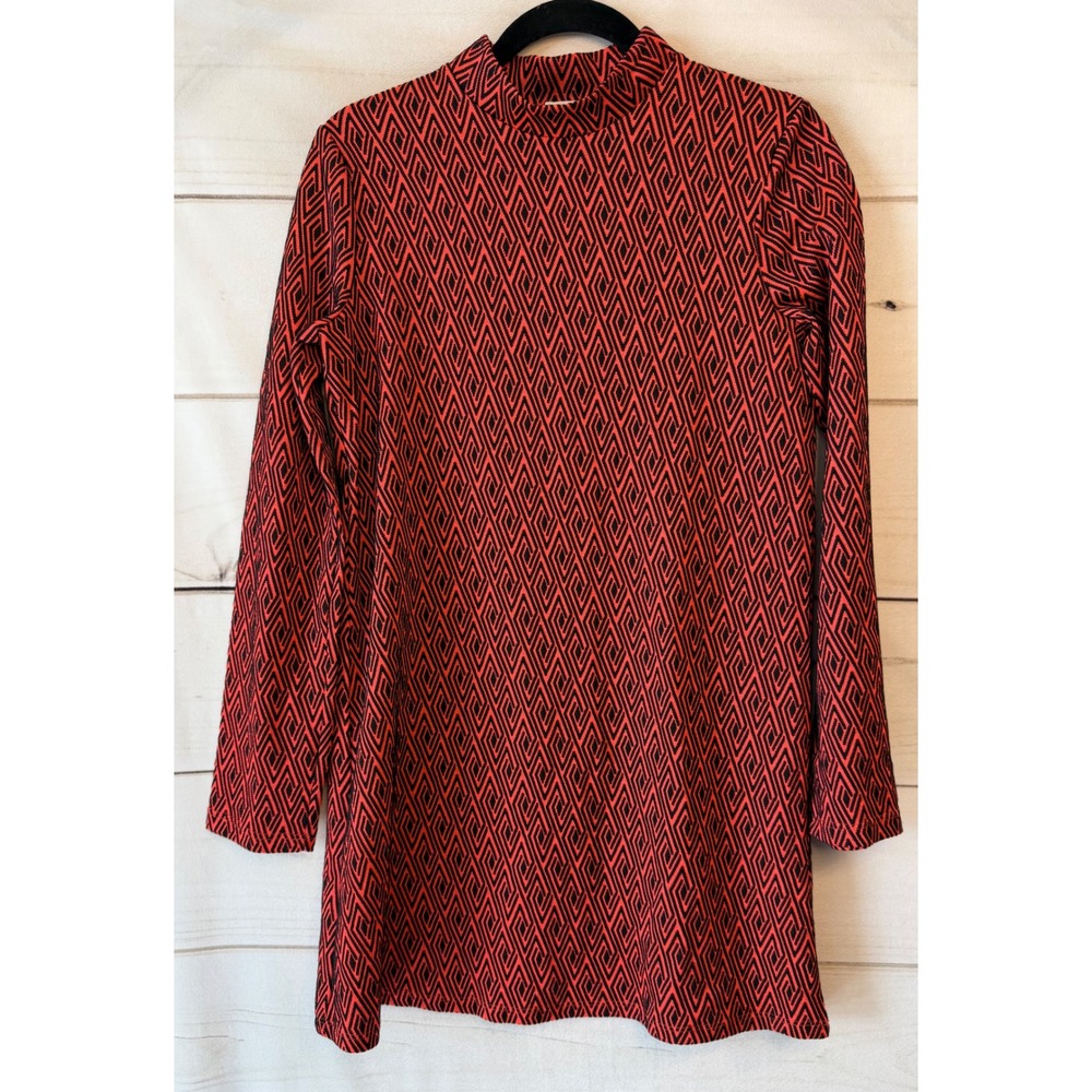 Zara Womens Red Black Geometric Diamond Mock Neck Mini Shift Dress 4770/516 S